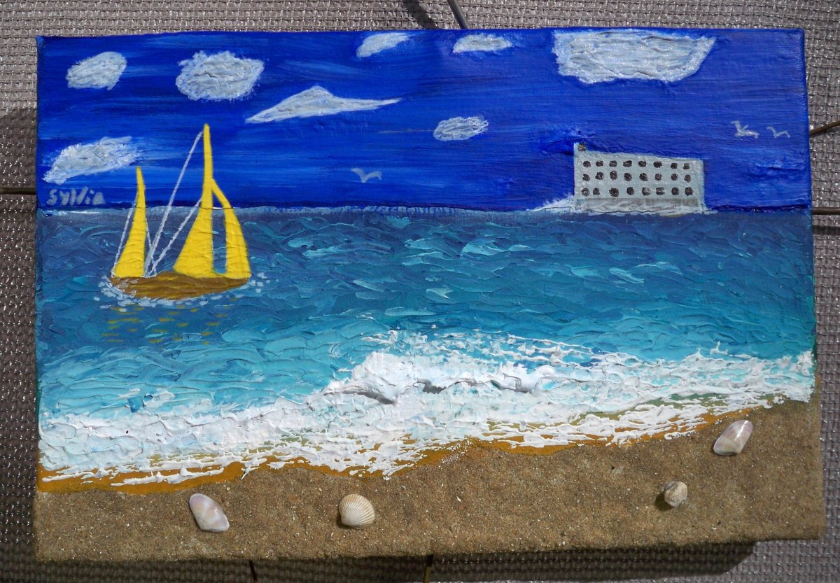 Toile 20 x 30 cm en acrylique et collage de sable et coquillage